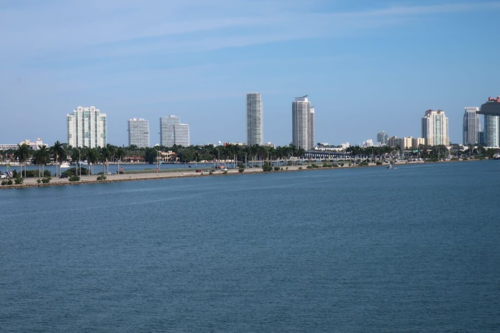 Florida coastal city with palm trees and beach