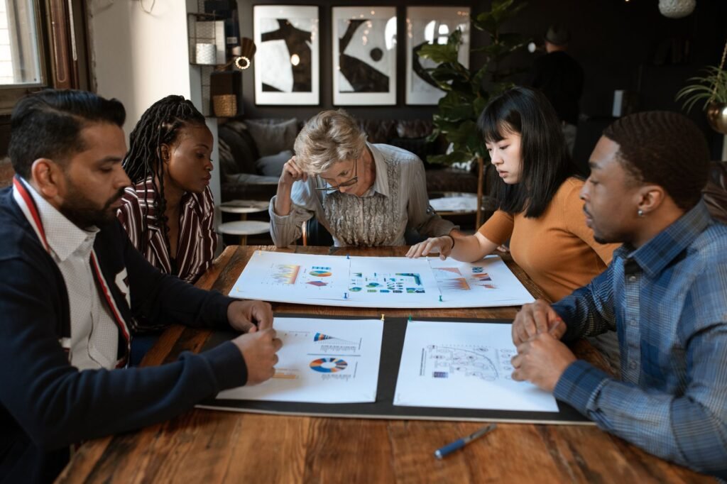 Small business team collaborating in a modern US office