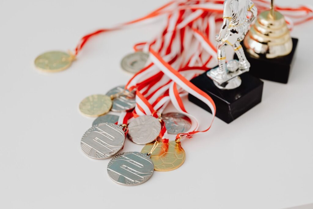 Olympic medals and podium at an athletics event