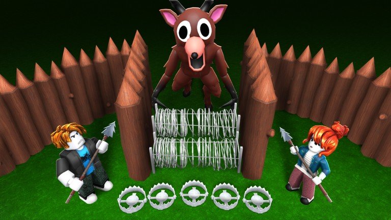 99 Nights in the Forest artwork of two players inside a wooden palisade camp with the deer monster looming over it