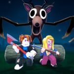 99 Nights in the Forest artwork of the deer monster with outstretched arms looming over two players by a campfire