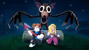 99 Nights in the Forest artwork of the deer monster with outstretched arms looming over two players by a campfire