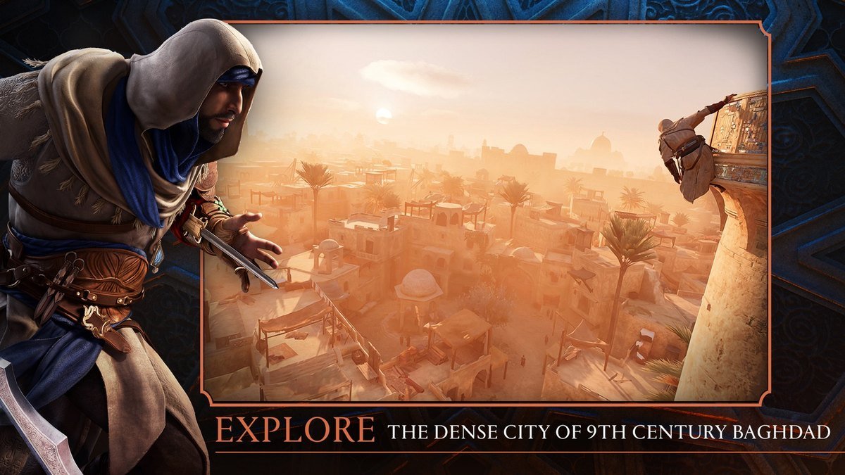 Assassin's Creed Mirage on iPhone showing Basim above ninth-century Baghdad