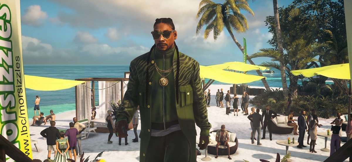 HITMAN World of Assassination on iPhone showing a target on a tropical beach