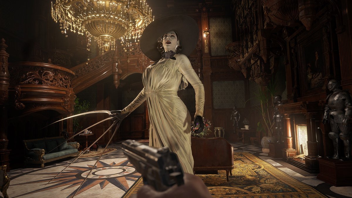 Resident Evil Village on iPhone showing Lady Dimitrescu in the castle
