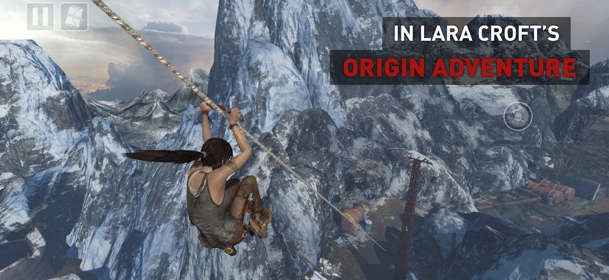 Tomb Raider on iPhone showing Lara Croft climbing a mountain face