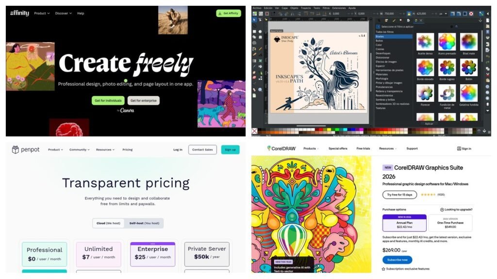 Adobe Illustrator alternatives including Affinity, Inkscape, Penpot and CorelDRAW