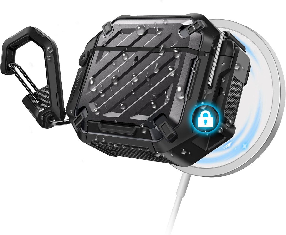 SUPCASE waterproof locking case for AirPods 5 on a wireless charger