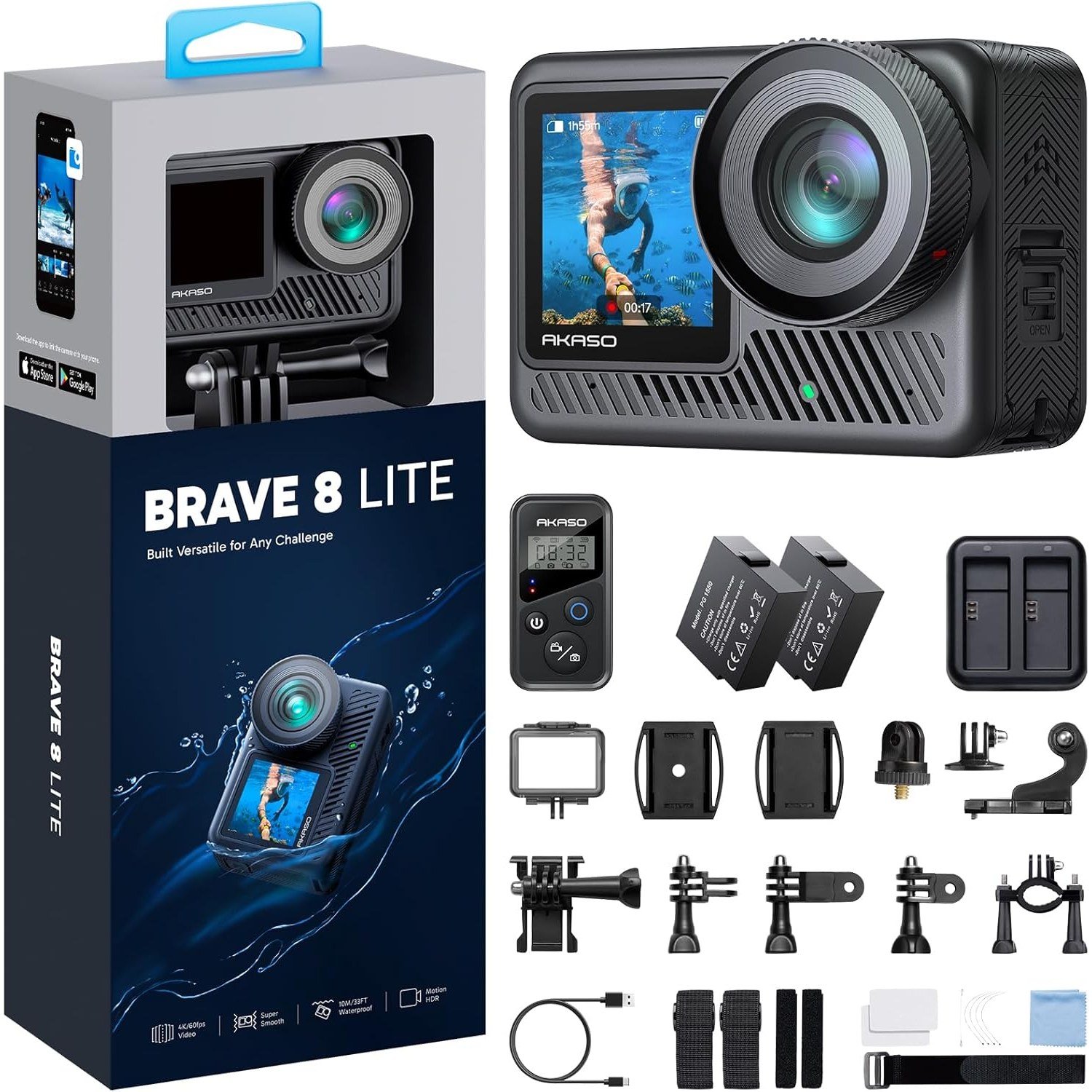 AKASO Brave 8 Lite action camera with its helmet accessory kit