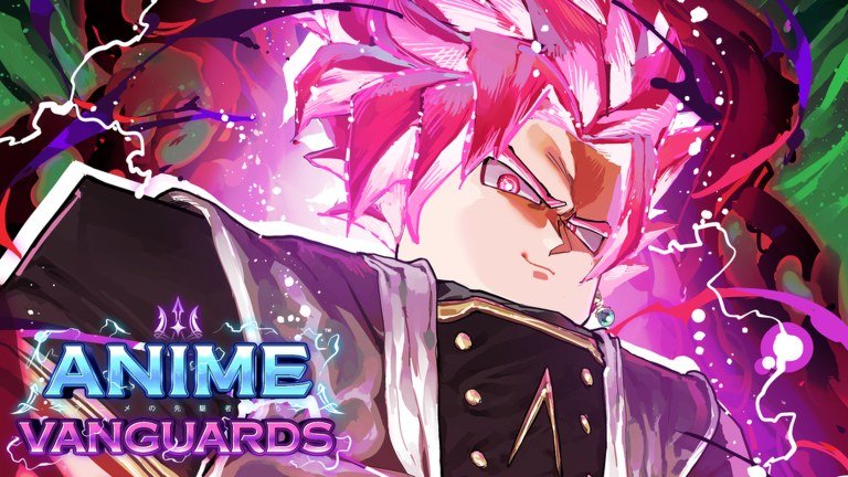 Anime Vanguards artwork of a pink haired fighter in a dark uniform surrounded by purple energy