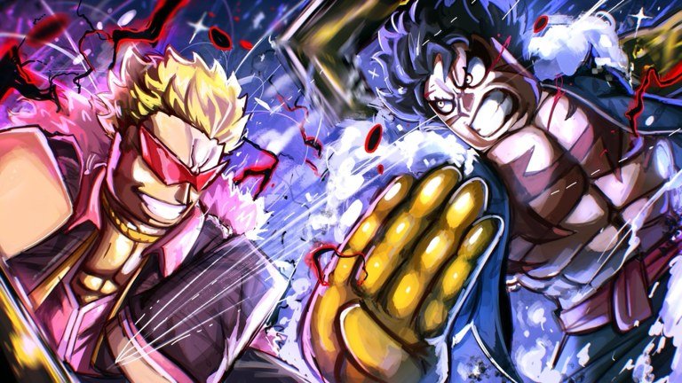 Anime Vanguards artwork of a blond fighter in sunglasses trading blows with a dark haired brawler