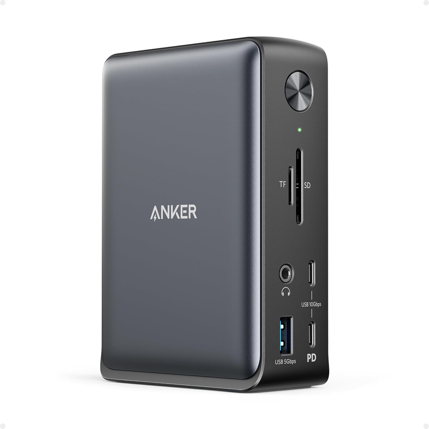 Anker 13-in-1 USB-C docking station in grey standing upright with its front ports