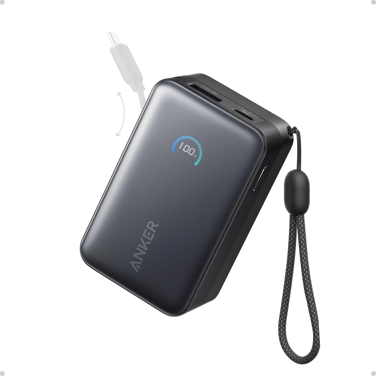 Anker Nano Power Bank 10,000mAh 45W with retractable USB-C cable and lanyard