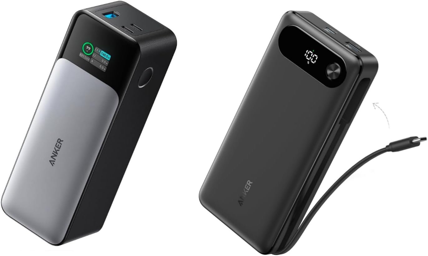 Anker Power Bank 20K 87W with built-in USB-C cable, model A1383, in grey and black