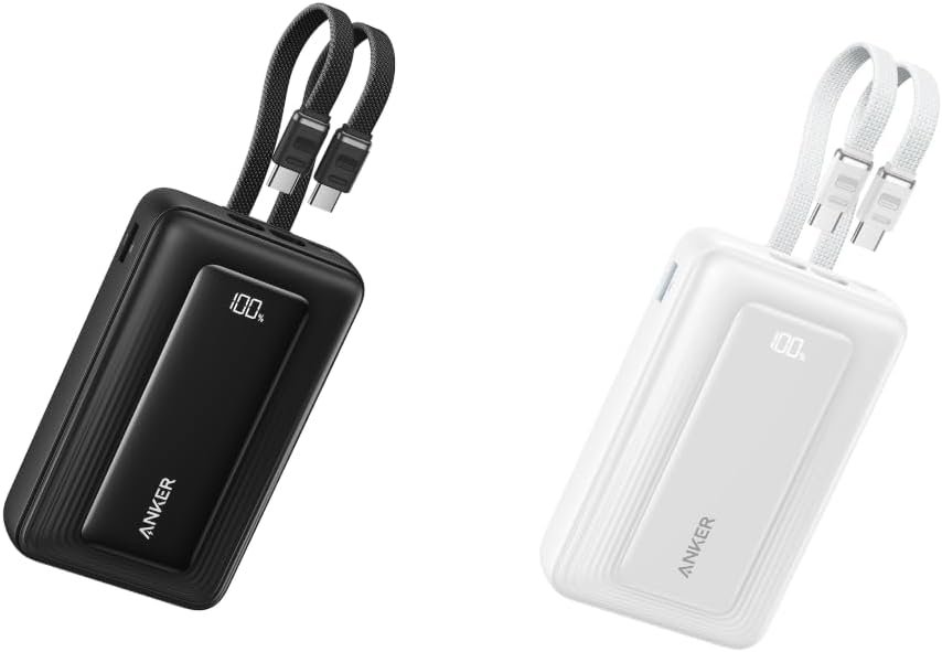 Anker Zolo 20,000mAh power bank with two built-in USB-C cables in black and white