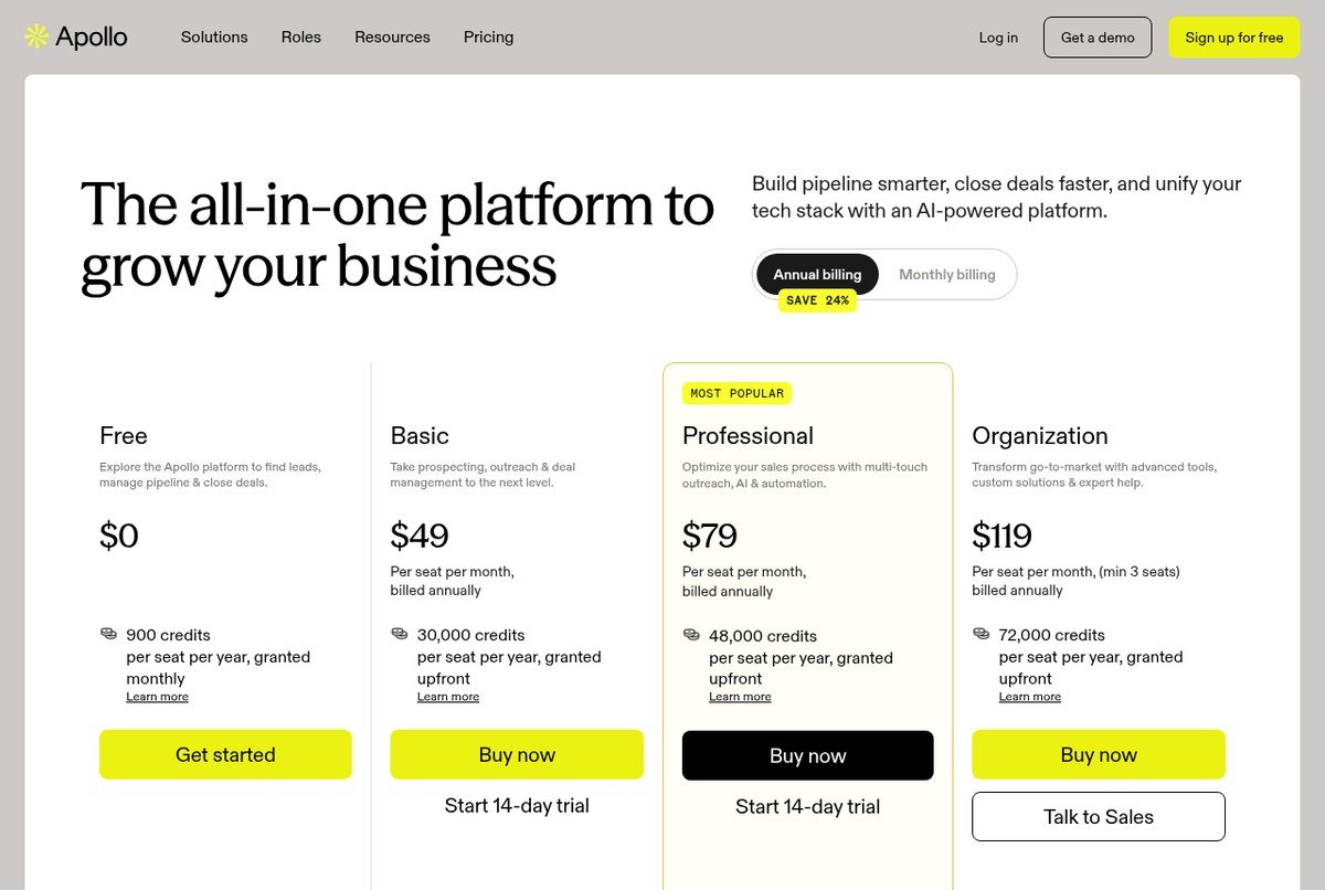 Apollo.io published pricing tiers