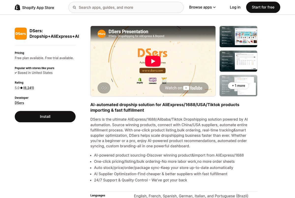 DSers dropshipping app listing on the Shopify App Store