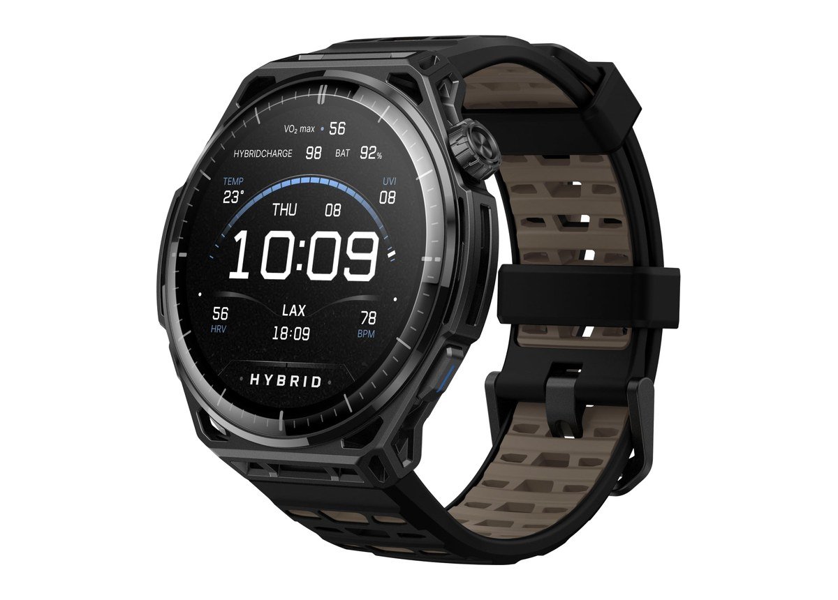 Amazfit Balance 3 in a dark finish with a brown and black band