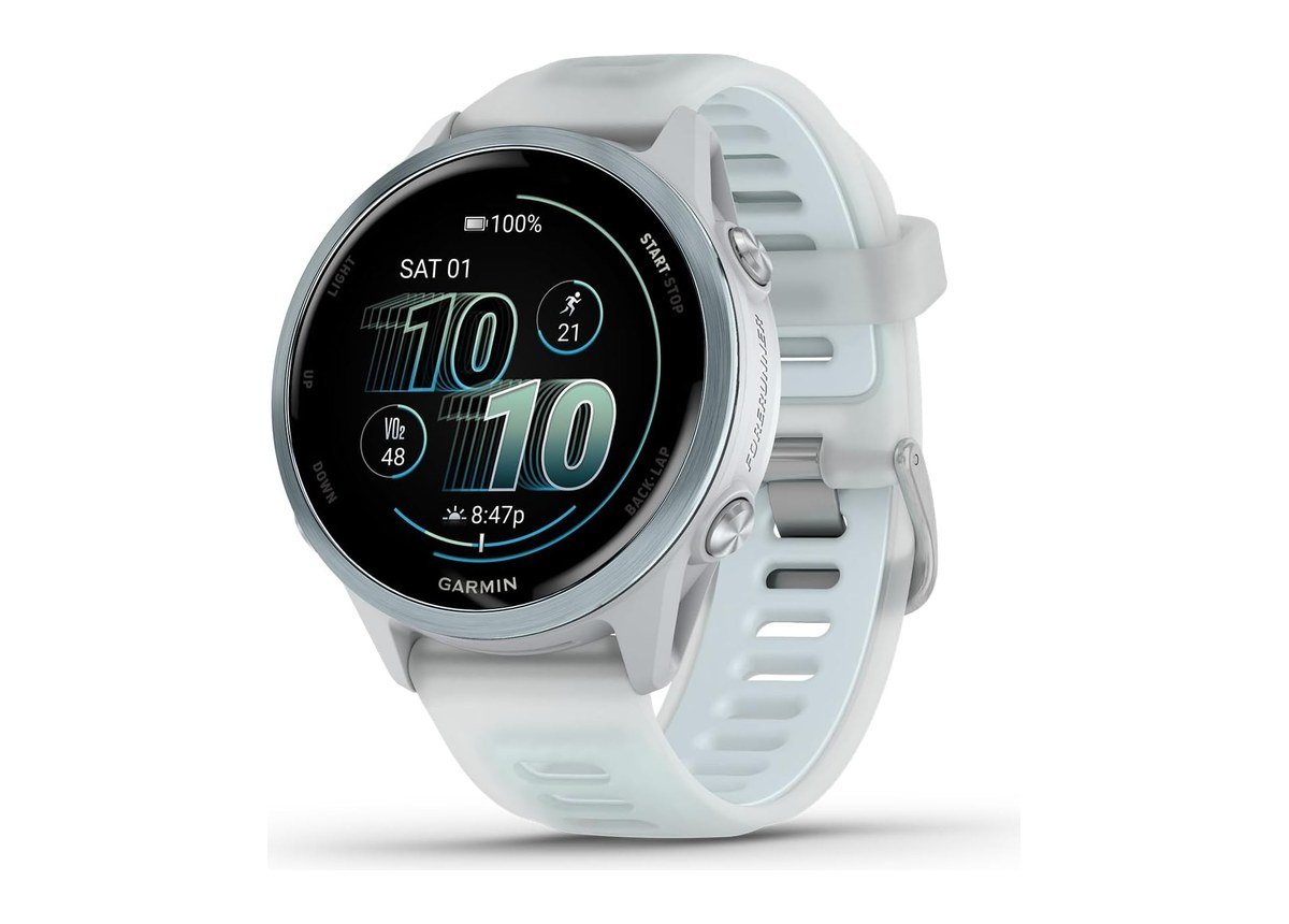 Garmin Forerunner 570 42mm in Whitestone with a light blue band
