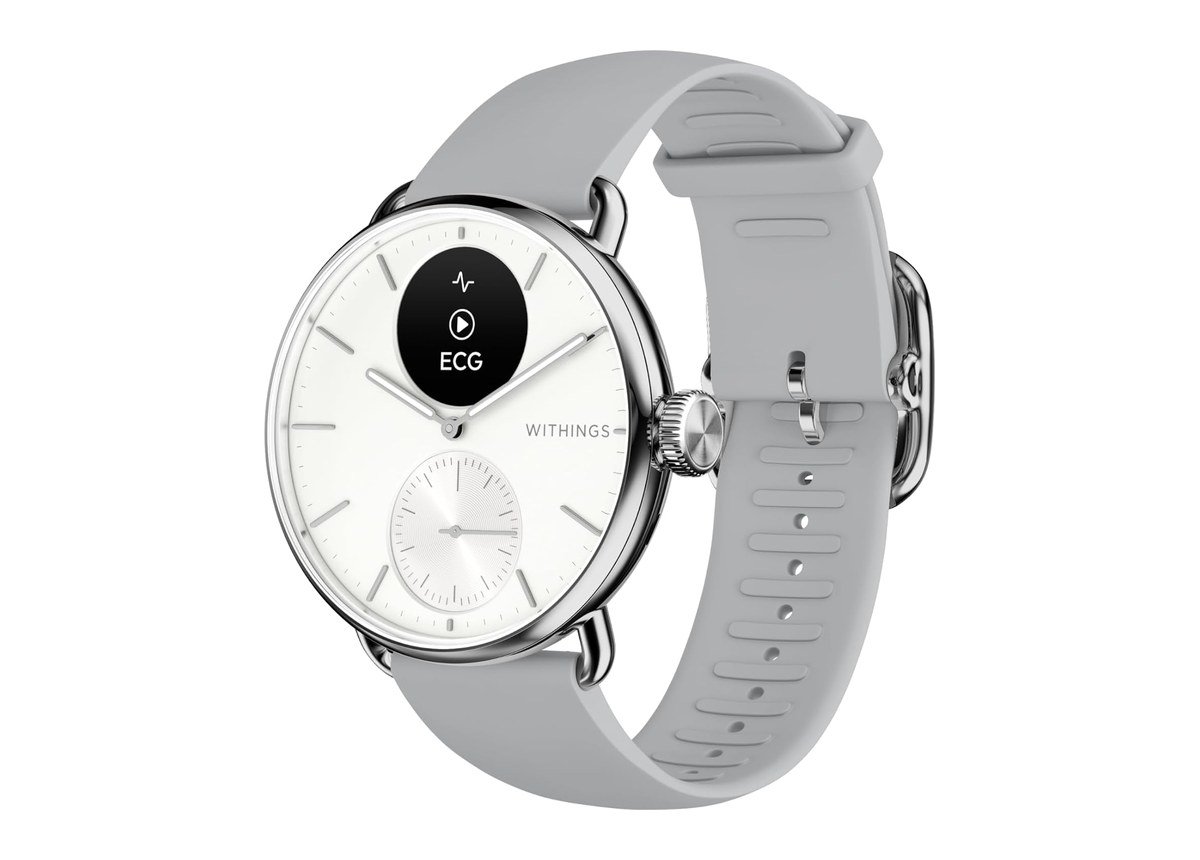 Withings ScanWatch 2 hybrid smartwatch with a white dial showing the ECG screen