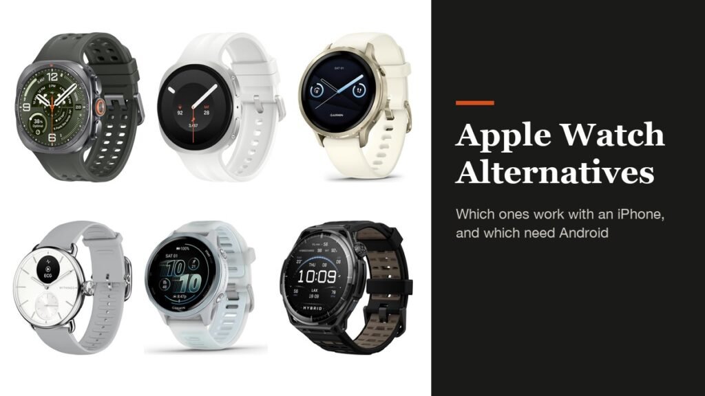 Six Apple Watch alternatives from Samsung, Garmin, Withings and Amazfit beside the headline