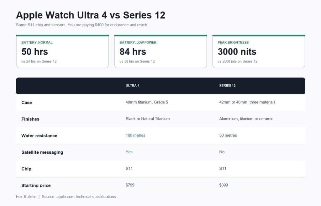Apple Watch Ultra 4 and Series 12 battery, brightness and durability compared