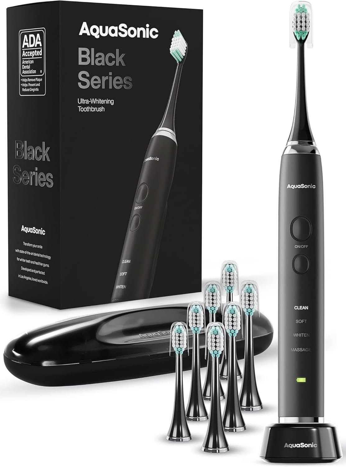 Aquasonic Black Series electric toothbrush with eight DuPont brush heads and travel case