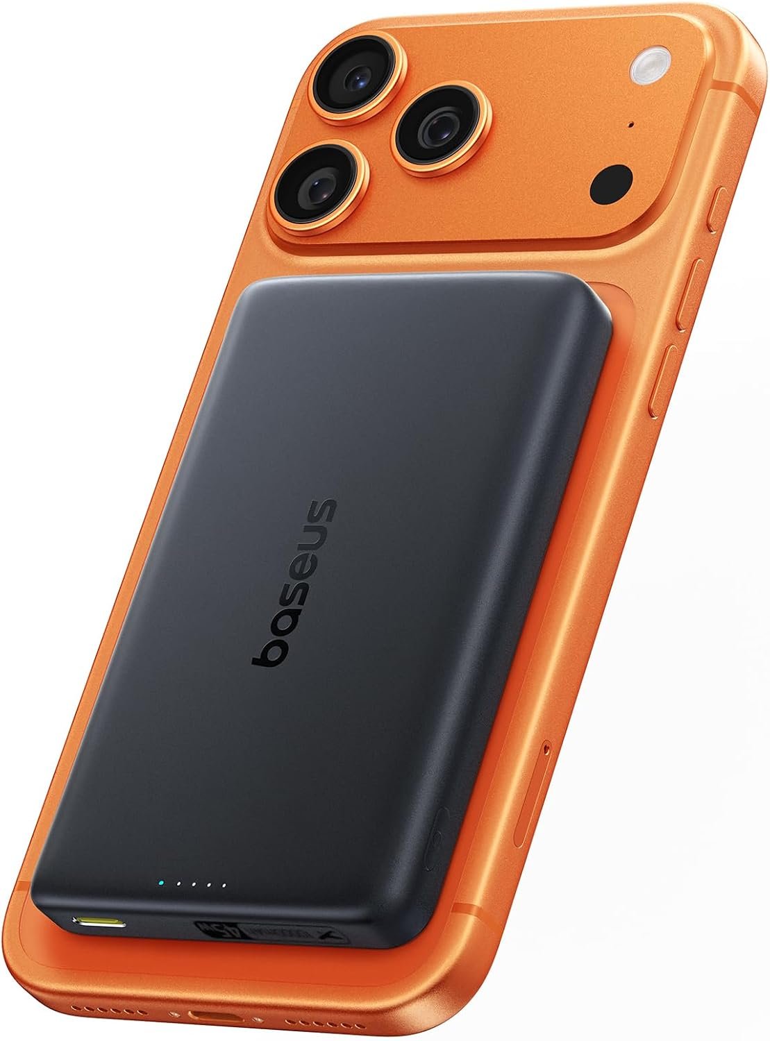 Baseus Picogo AM52 Qi2.2 magnetic power bank attached to the back of an iPhone