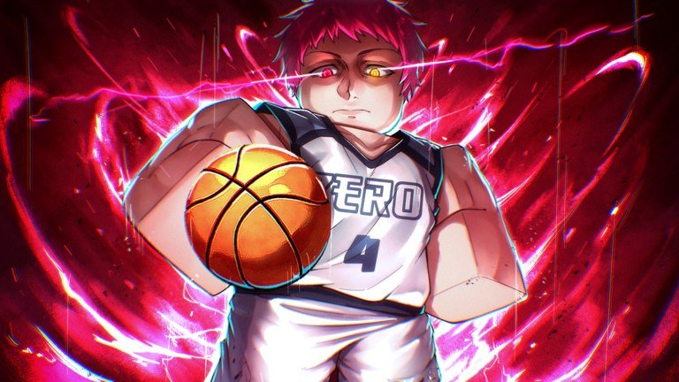 Basketball: Zero artwork of a red-haired player in a white number 4 jersey holding a basketball in front of red energy