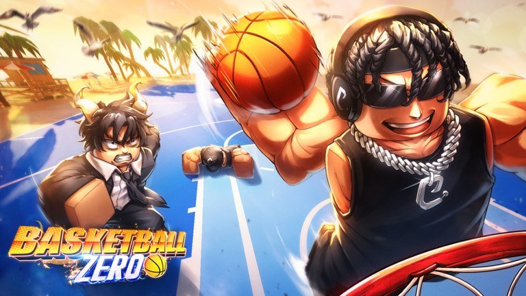 Basketball: Zero artwork of a player in sunglasses and a chain dunking on a beach court beside the game logo