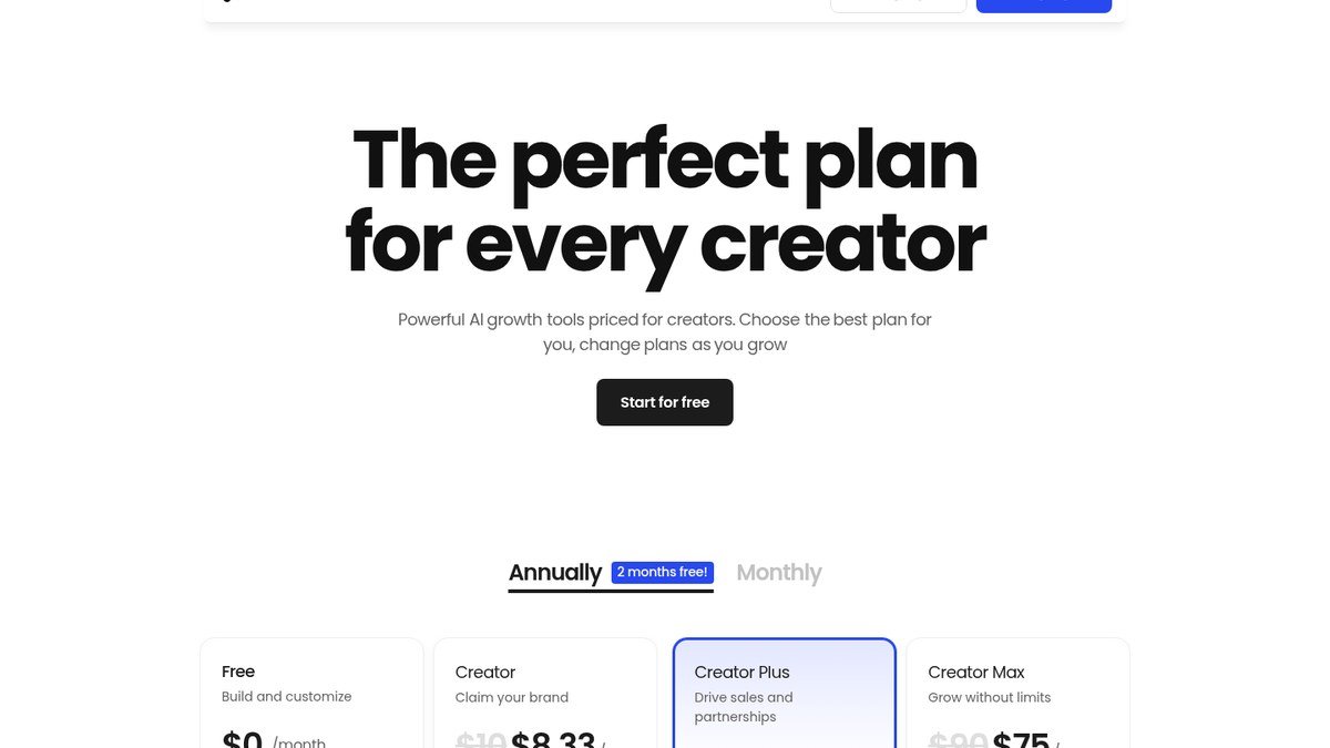 Beacons pricing page with Free, Creator, Creator Plus and Creator Max tiers
