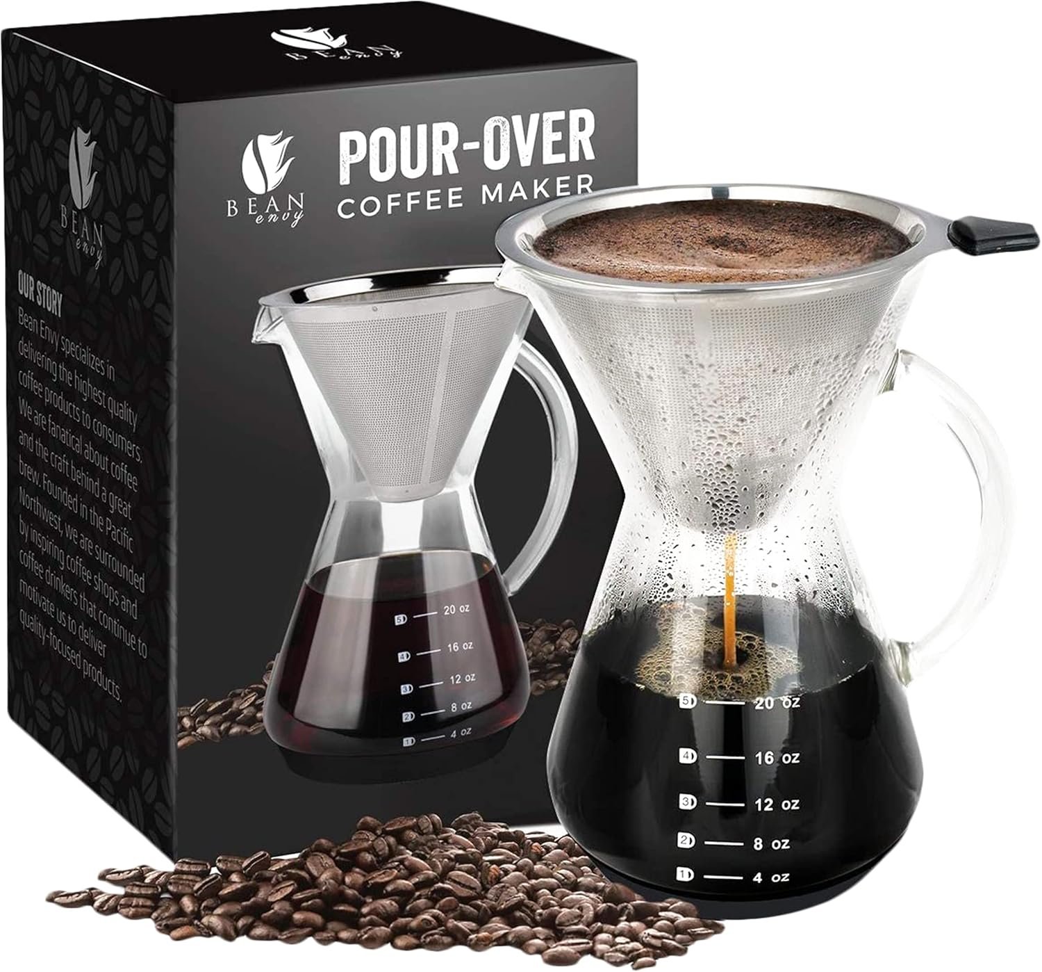 Bean Envy pour over coffee maker with glass dripper and steel filter