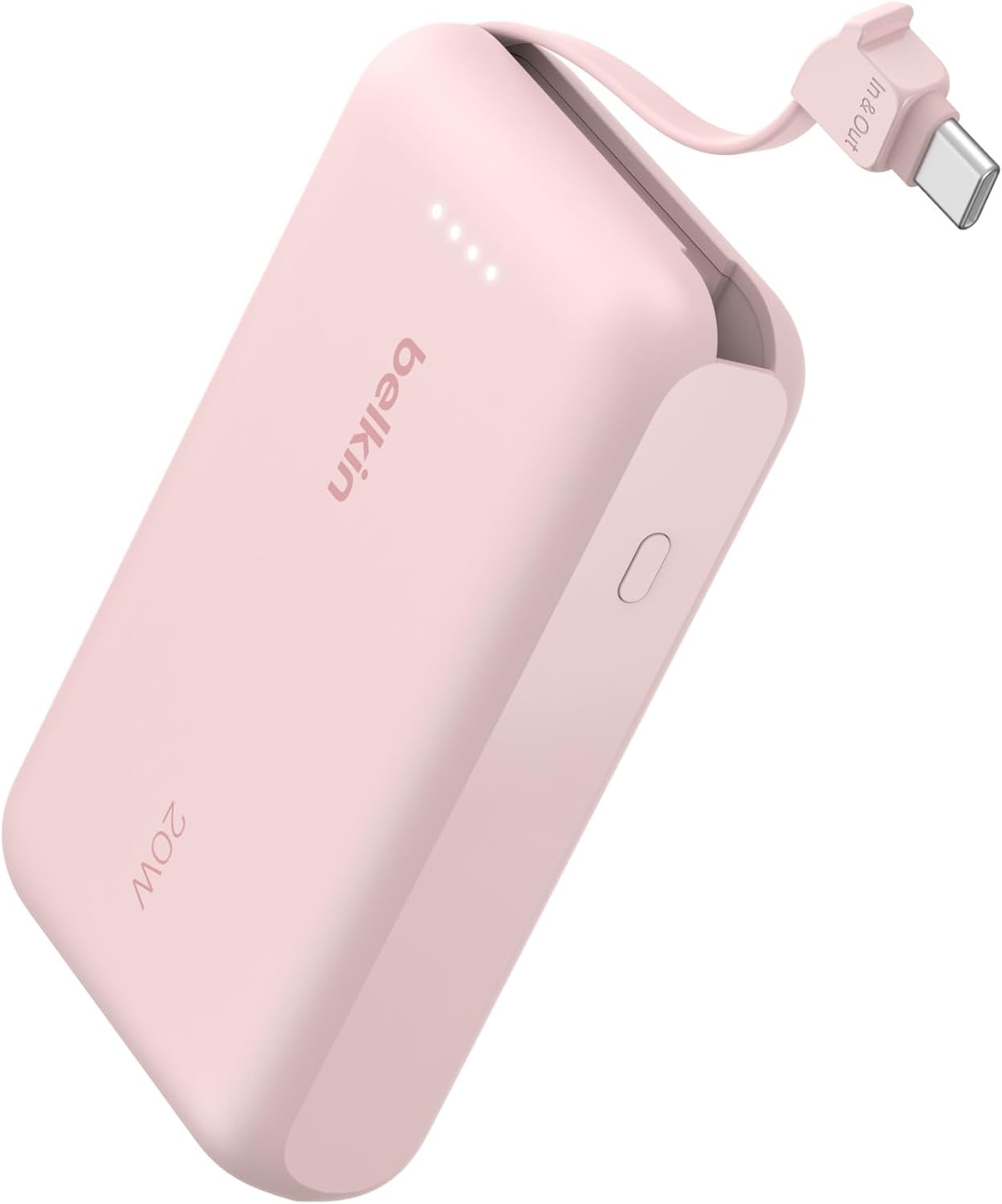 Belkin 10,000mAh 20W power bank with integrated USB-C cable in pink