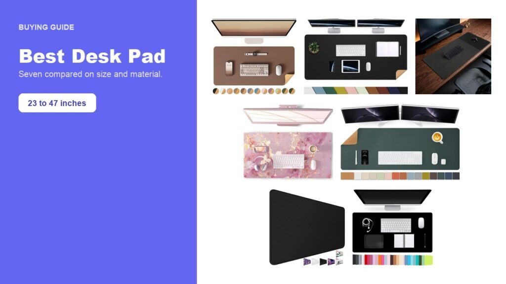 Seven desk pads compared, shown together