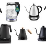Seven electric kettles from Cosori, Bonavita, OXO, Cuisinart, Bodum and Govee arranged on a white background