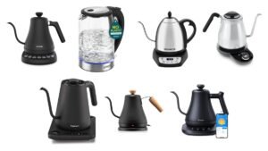 Seven electric kettles from Cosori, Bonavita, OXO, Cuisinart, Bodum and Govee arranged on a white background