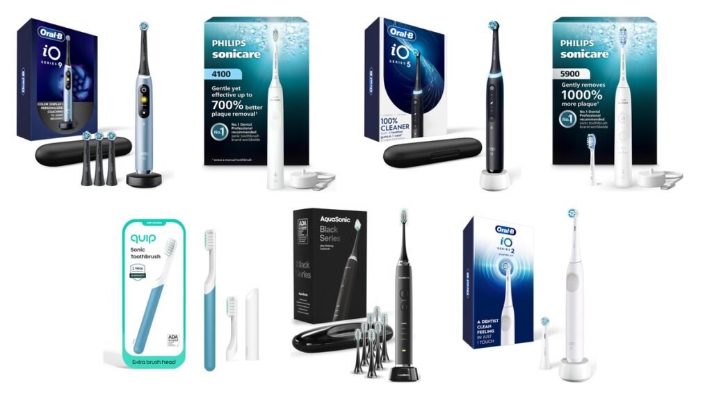 Seven electric toothbrushes from Oral-B, Philips Sonicare, Quip and Aquasonic arranged on a white background