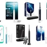 Seven electric toothbrushes from Oral-B, Philips Sonicare, Quip and Aquasonic arranged on a white background