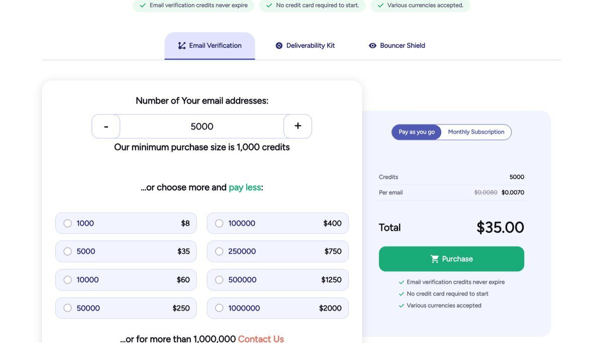 Bouncer pricing page with credit packs from 1,000 to 1,000,000