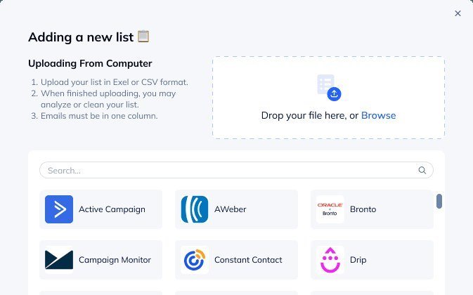 NeverBounce app screen for uploading a list and connecting an email platform