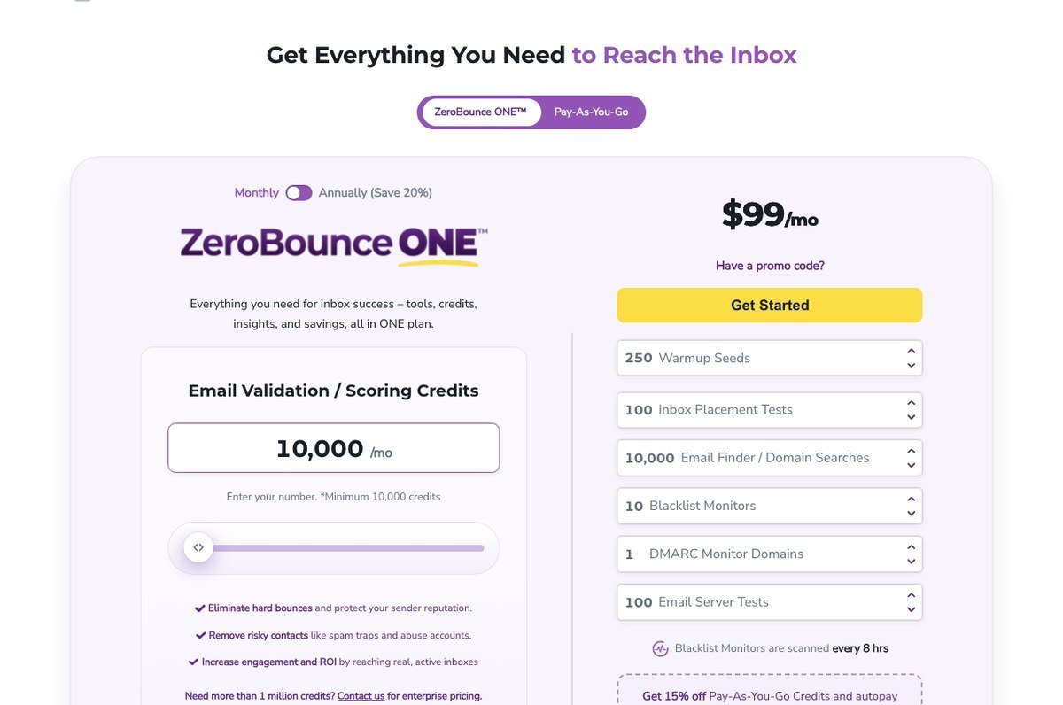 ZeroBounce pricing page showing the ZeroBounce ONE plan and email validation credits