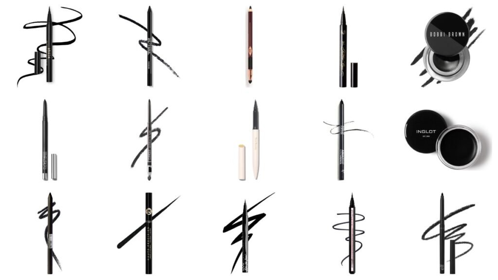 Fifteen eyeliner pens, pencils and gel pots from brands including Stila, Urban Decay, Charlotte Tilbury and Maybelline arranged on a white background