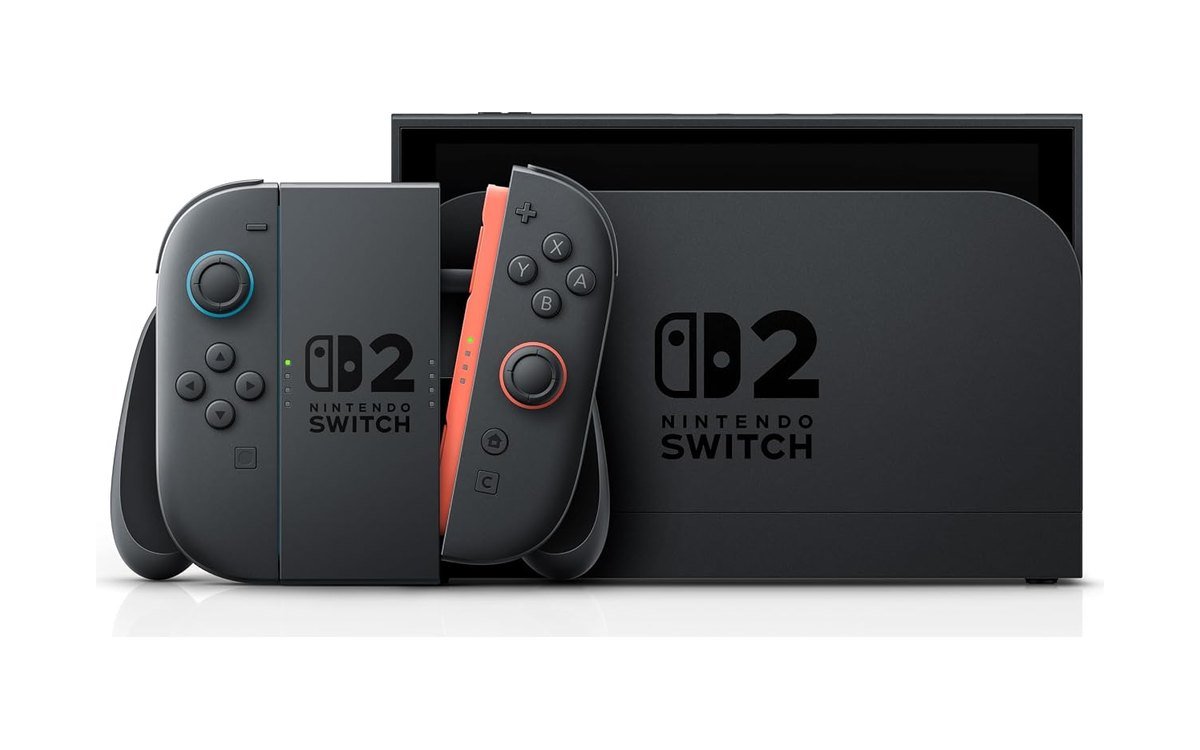 Nintendo Switch 2 in its dock with the Joy-Con 2 controllers attached to a grip