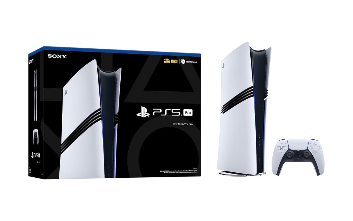 PlayStation 5 Pro console standing next to its retail box and a DualSense controller