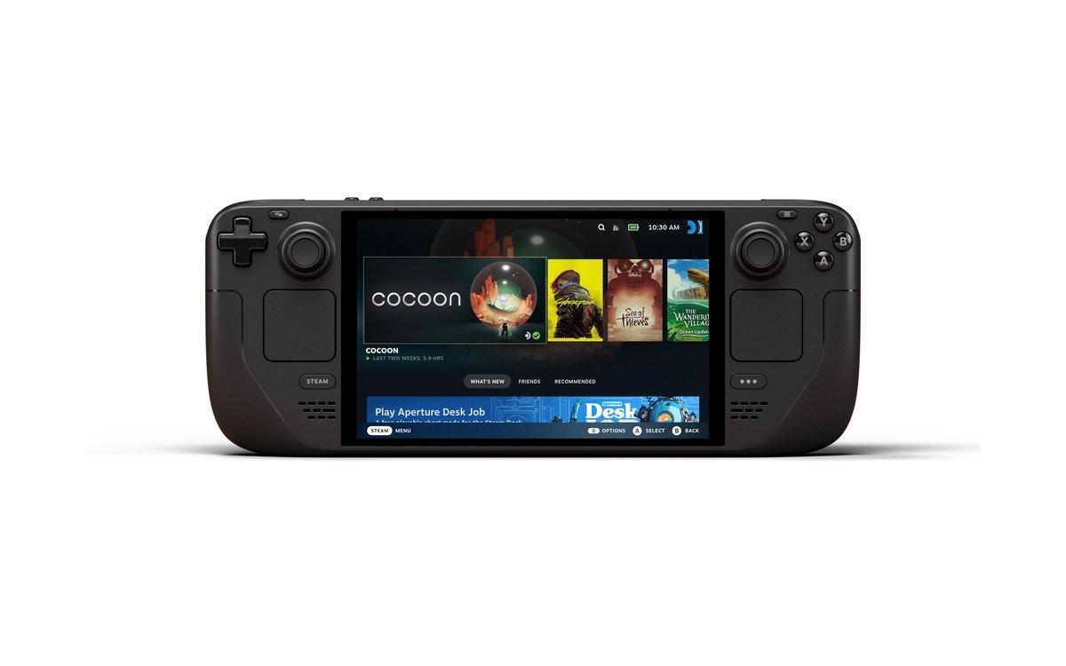 Steam Deck OLED handheld showing the SteamOS library screen