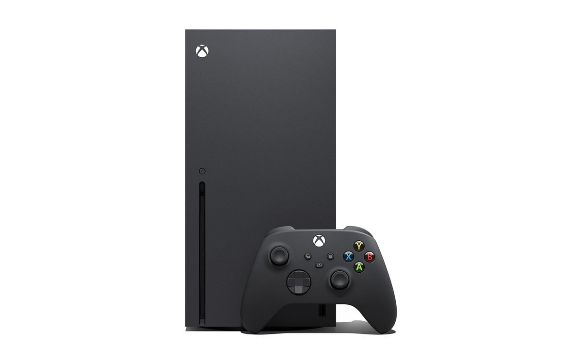 Black Xbox Series X console standing upright with a black Xbox Wireless Controller