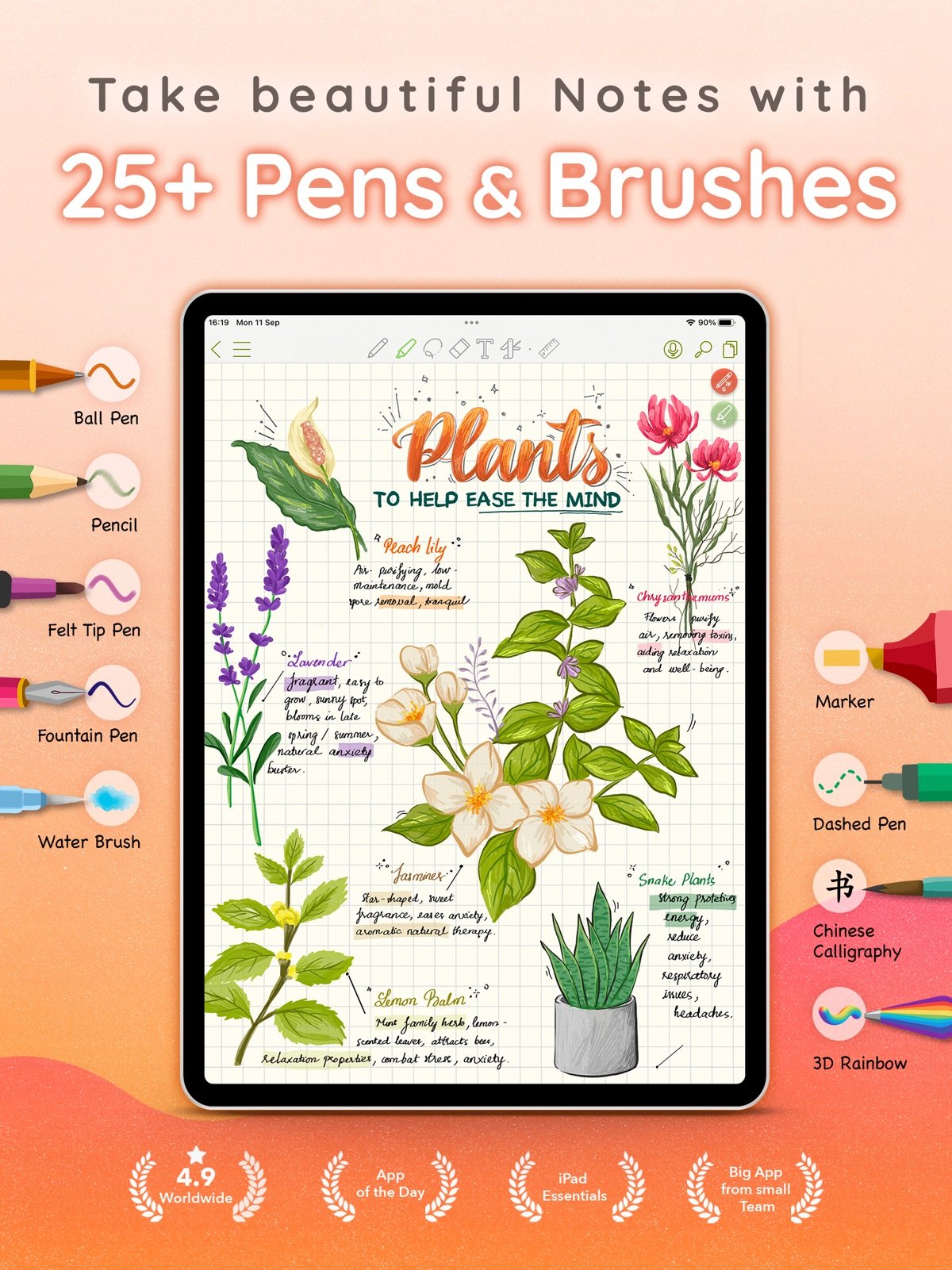 CollaNote App Store screenshot showing pens, brushes and an illustrated note
