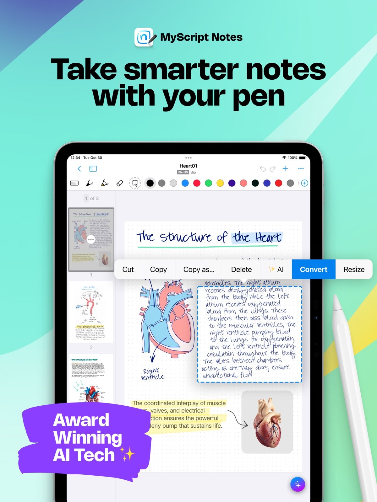 MyScript Notes App Store screenshot showing handwriting converted with a pen