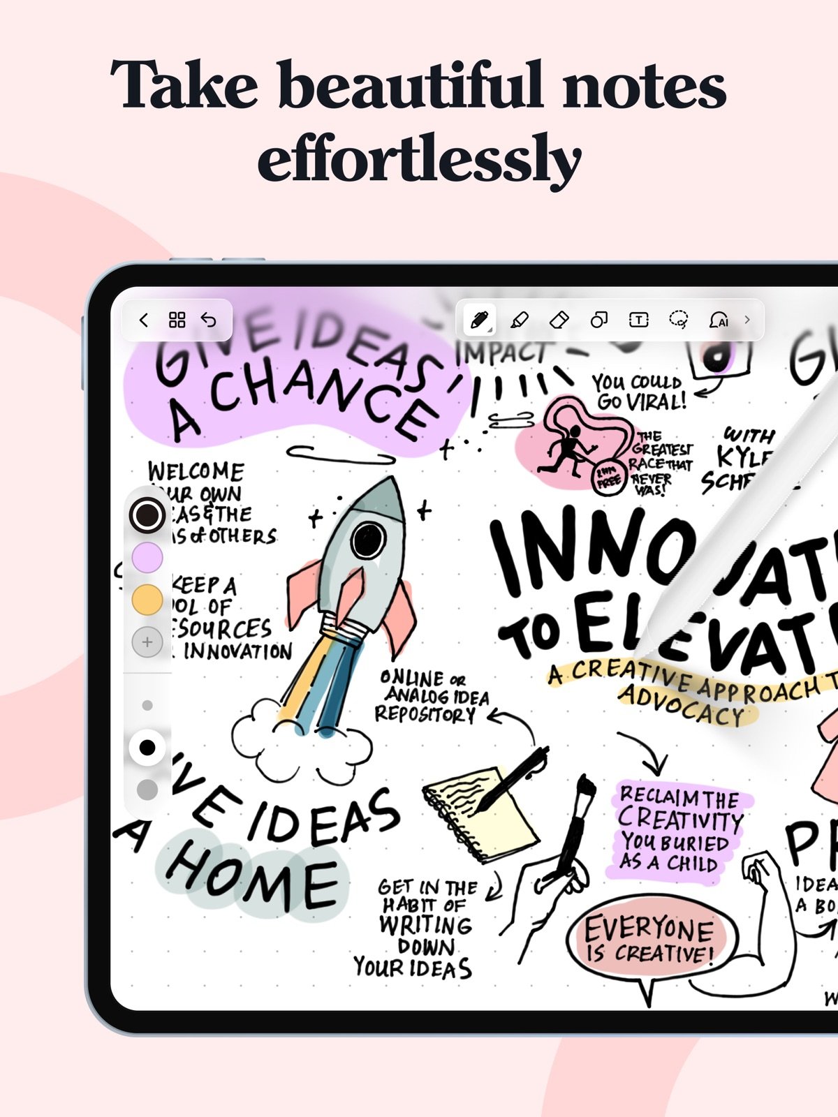 Noteshelf 3 App Store screenshot showing handwritten and illustrated notes