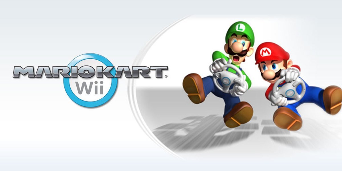 Mario Kart Wii artwork with Mario and Luigi holding Wii Wheels